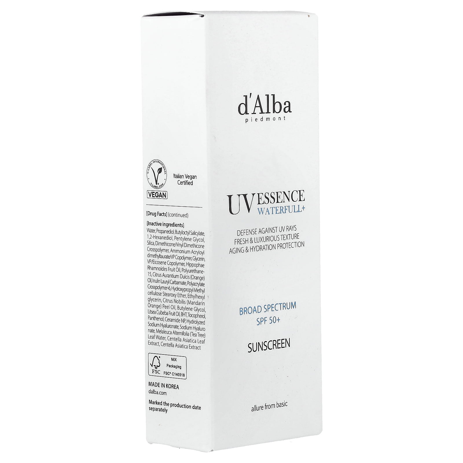 d'Alba UV Essence Waterfull+ Sunscreen, SPF 50+, 1.69 fl oz (50 ml