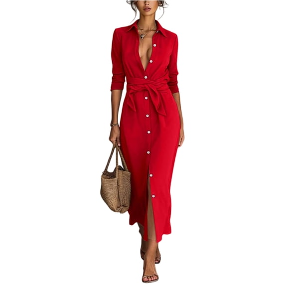 CIENVNSTG Women's Maxi Dress Button Down Casual Shirt Dress Long Sleeve Lapel Collared Cocktail Wedding Guest Dress Red L