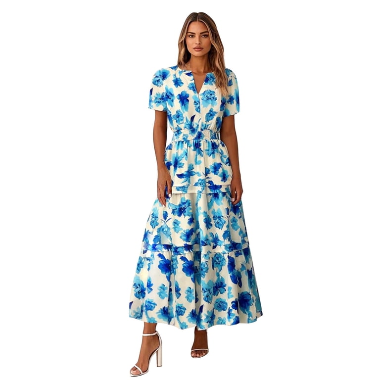 Youmylove Summer Dresses Maxi Dress For Women Vacation Floral Dress Short  Sleeve Sundress Casual V Neck Flowy Beach Boho Long Dress Long Beach -  Walmart.com