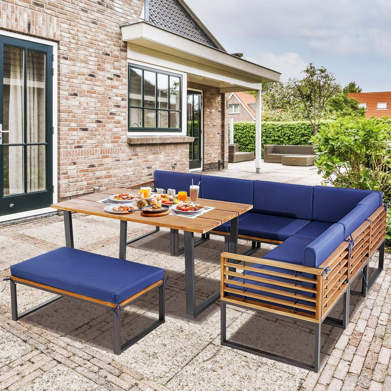 Costway 8pcs Acacia Wood Patio Dining & Ottoman Sofa Chair Set