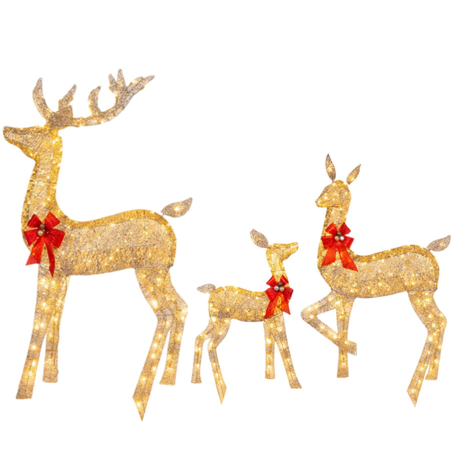 3 Pcs Outdoor Christmas Decoration LightUp Deer with Red Bows Holiday