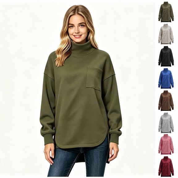 Women's Turtleneck Oversized Sweatshirt, Long Sleeve Fall Winter Casual Sweatshirt with Chest Pocket and Side Slit, Women's ,Size S-2XL