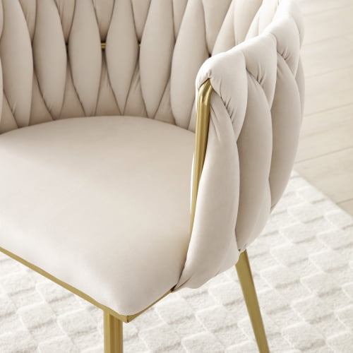 Set of 2 Modern Velvet Dining Chairs with Woven Backrest & Golden Metal Legs – Upholstered Accent Chairs for Dining Room, Kitchen, Living Room, Bedroom, Vanity, Beige