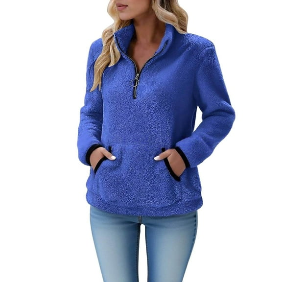 Sweaters For Women Fleece Jumper Pullover Sweatshirt Fuzzy 1/4 Zip Up Long Sleeve Stand Collar Cozy Coat Tops With Pockets L Womens Sweaters