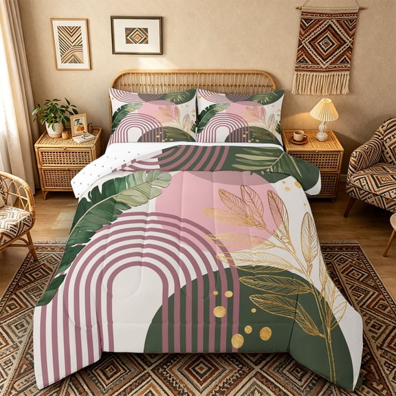 Castle Fairy Boho Tropical Leaf Full Size Comforter Sets 3 Pieces for Kids, Geometric Print Bedding Sets for Bedroom, Green Pink