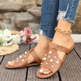 thumbnail image 4 of Women's Flat Slide Sandals Pearl Embellished Crisscross Strap, Open Toe Slip-On Casual Summer Slides Brown 37, 4 of 9
