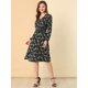 thumbnail image 4 of Vestido a media pierna con cuello en V y estampado floral con cintura fruncida Negro M, 4 of 6