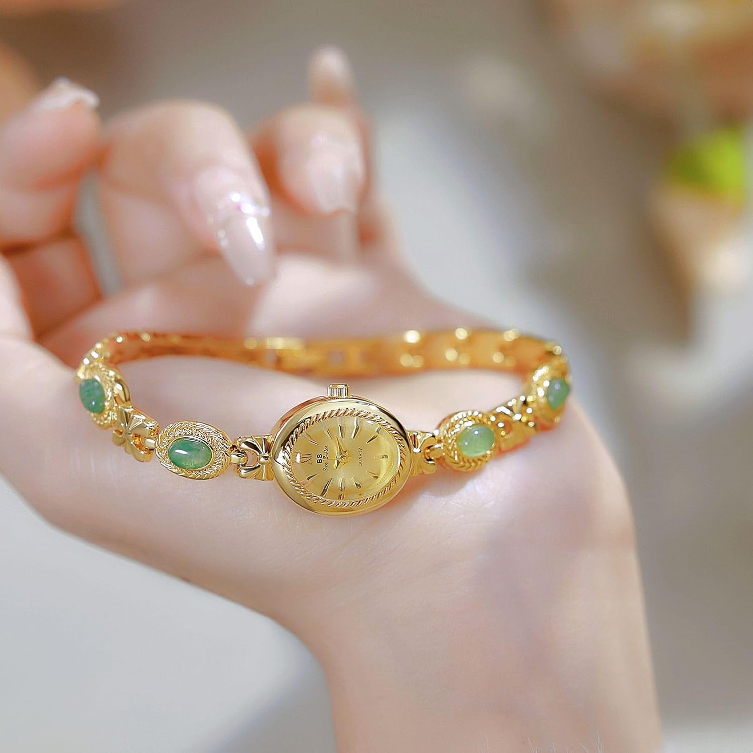 Gold Watches for Women with Small Vintage Bracelet Elegant Jade Oval Dial Dress Watch Fashion Quartz Wrist Watch Waterproof Watch