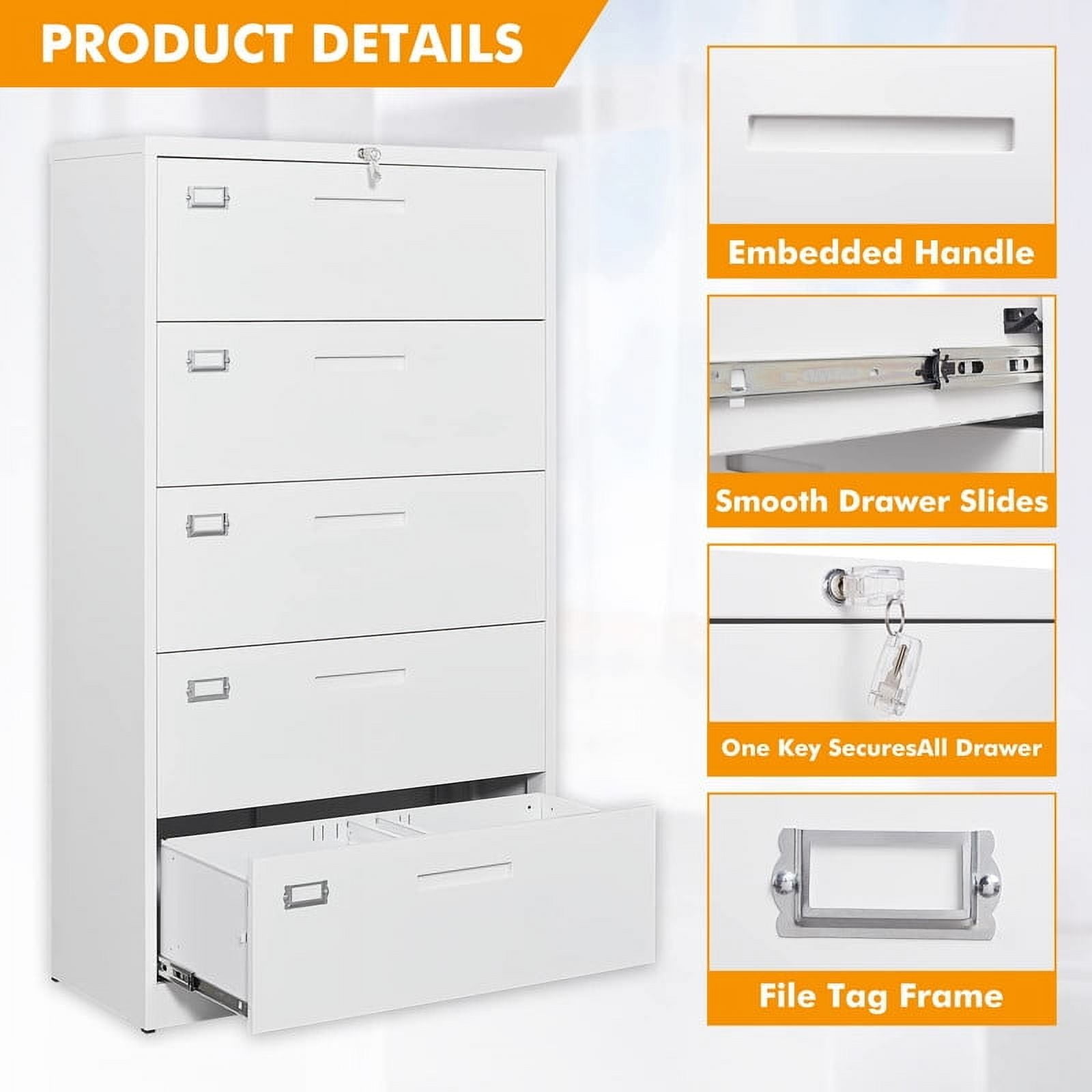 MIIIKO 5 Drawer File Cabinet with Lock, 5 Drawer Metal Filing Cabinet, Lateral Filing Cabinet with Lock for Home Office, Lockable Storage Cabinet for Hanging Files Letter/Legal/F4/A4 Size