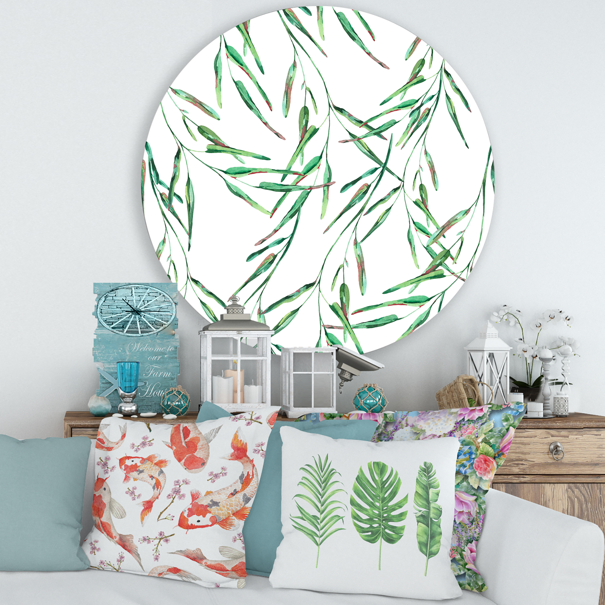 Designart 'Tropical Green Leaves On White In Summer Times II' Tropical Circle Metal Wall Art 29x29 - Disc of 29