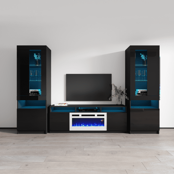 Reno WH05 Electric Fireplace Modern Wall Unit Entertainment Center - Black