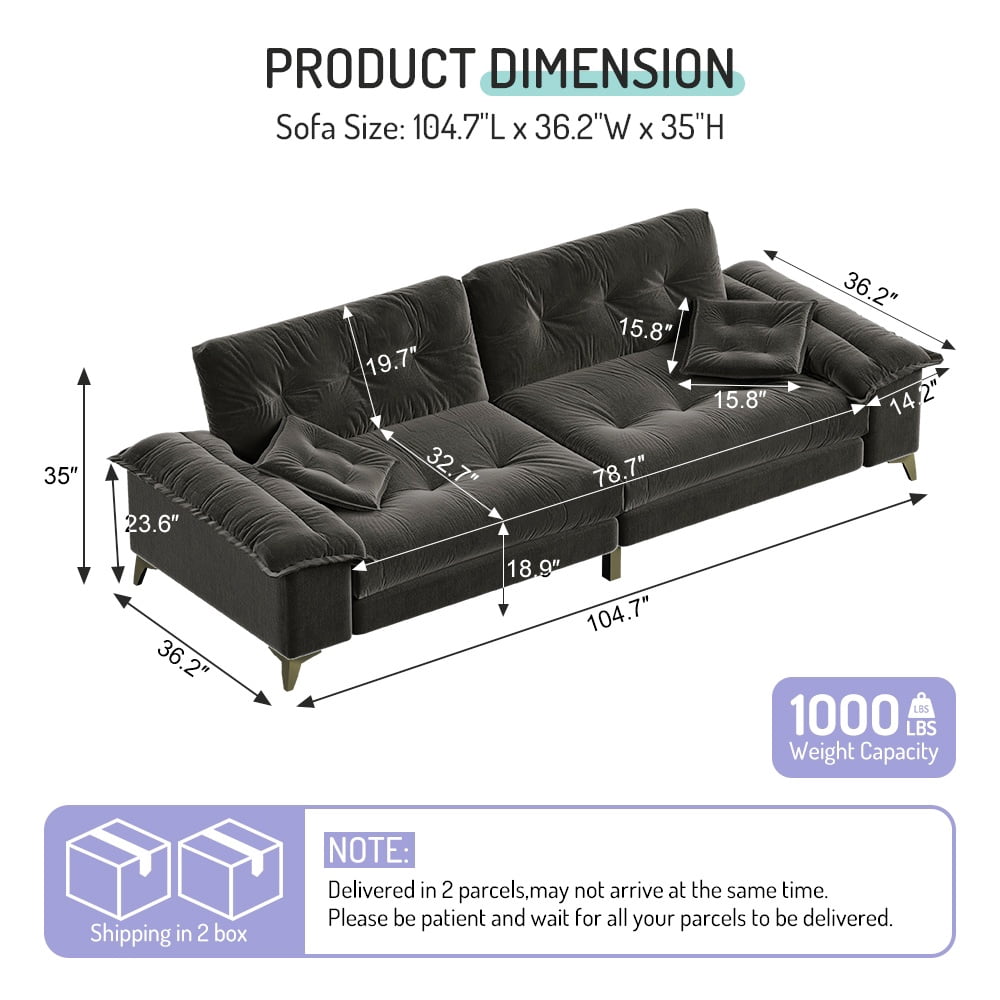 Vinform 104.7 " Cloud Sectional Sofa with Wide Removable Armrests, Comfy Chenille Upholstered Couch for Living Room/Apartment, Dark Gray