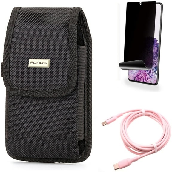 Privacy Screen Protector w Pink 10ft Long Cable w Case Belt Clip for Samsung Galaxy S20 Plus - TPU Film [NOT GLASS] [Fingerprint Works], USB-C to Type-C PD Fast Charger Cord fits Galaxy S20 Plus