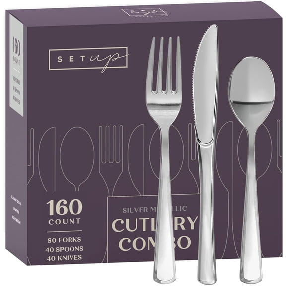 160 Count Disposable Silverware, Silver Combo Cutlery - 80 Forks, 40 Spoons, 40 Knives - Heavy Duty, and Durable Silver Plastic Silverware Set Great for Parties, Events and Everyday use