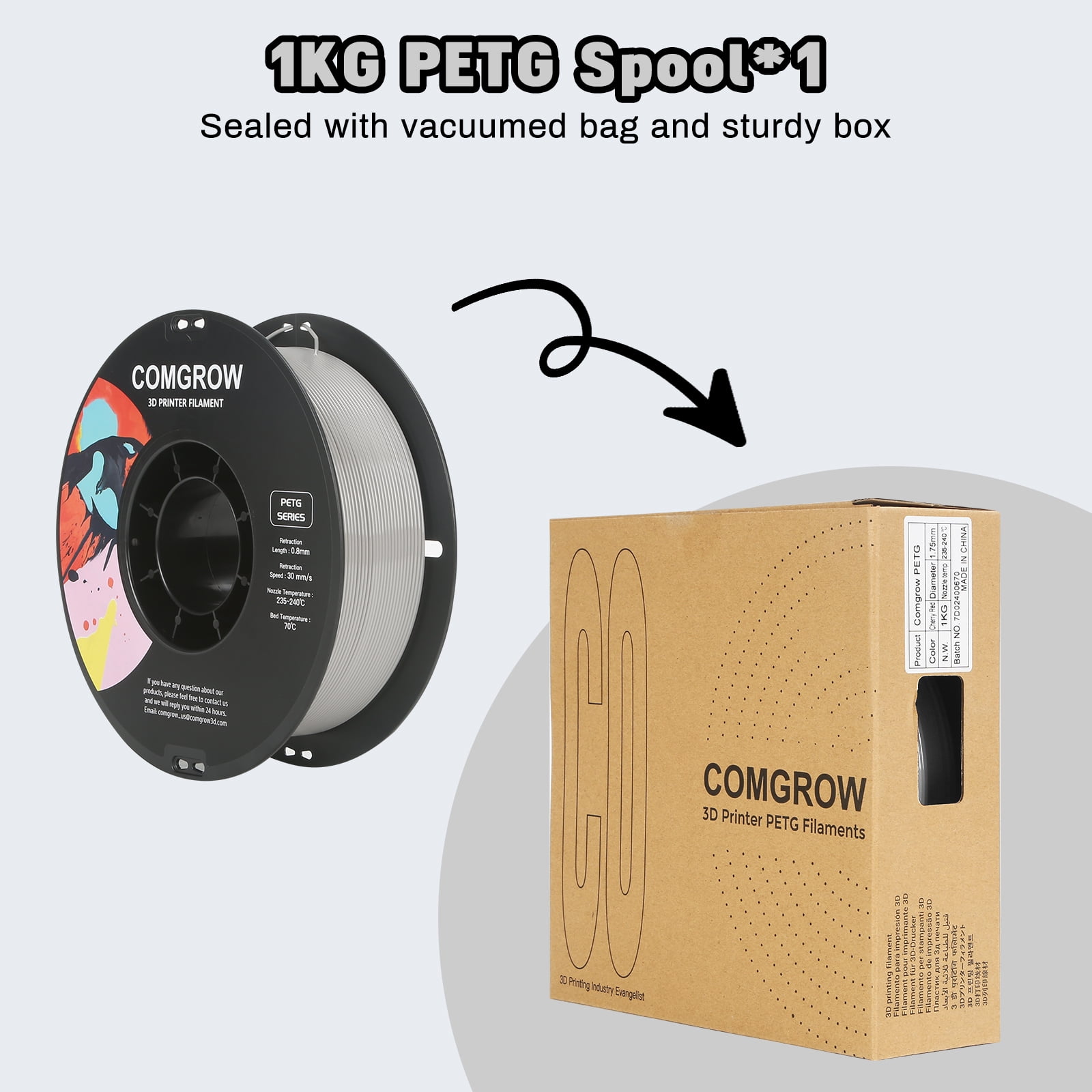 Comgrow PETG 3D Printer Filament-3D Printer Material 1.75mm Dimensional Accuracy +/- 0.02 mm, 1KG/2.2LB-Grey