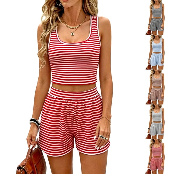 Womens 2 Piece Outfits Striped Casual Sleeveless Tank Top Matching Shorts Lounge Sets Summer Beach Vacation Clothes