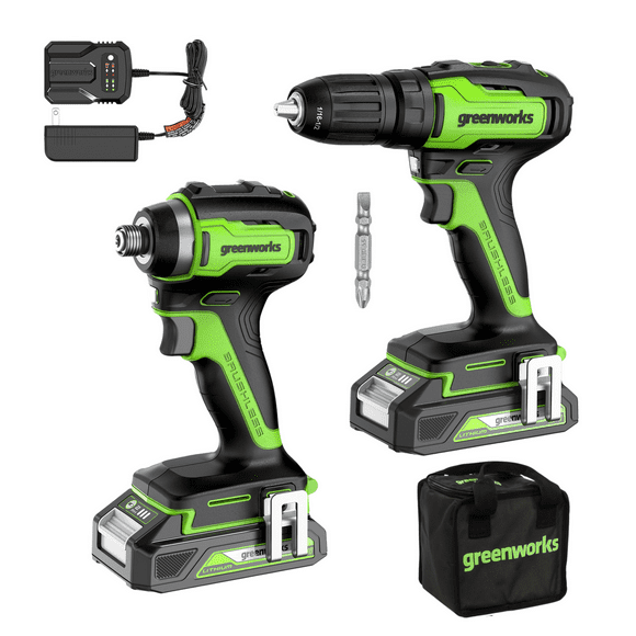 Greenworks 24V Brushless Drill / Driver and Impact Driver, (2) 2.0Ah Batteries & Charger Included