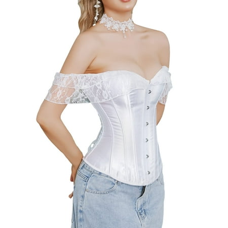 GXFC Women Floral Lace Corset Off Shoulder Shapewear Short Sleeve Bustier Overbust Corset Baby Shaper Lingerie Tops Solid Color Clothes for Bar Party