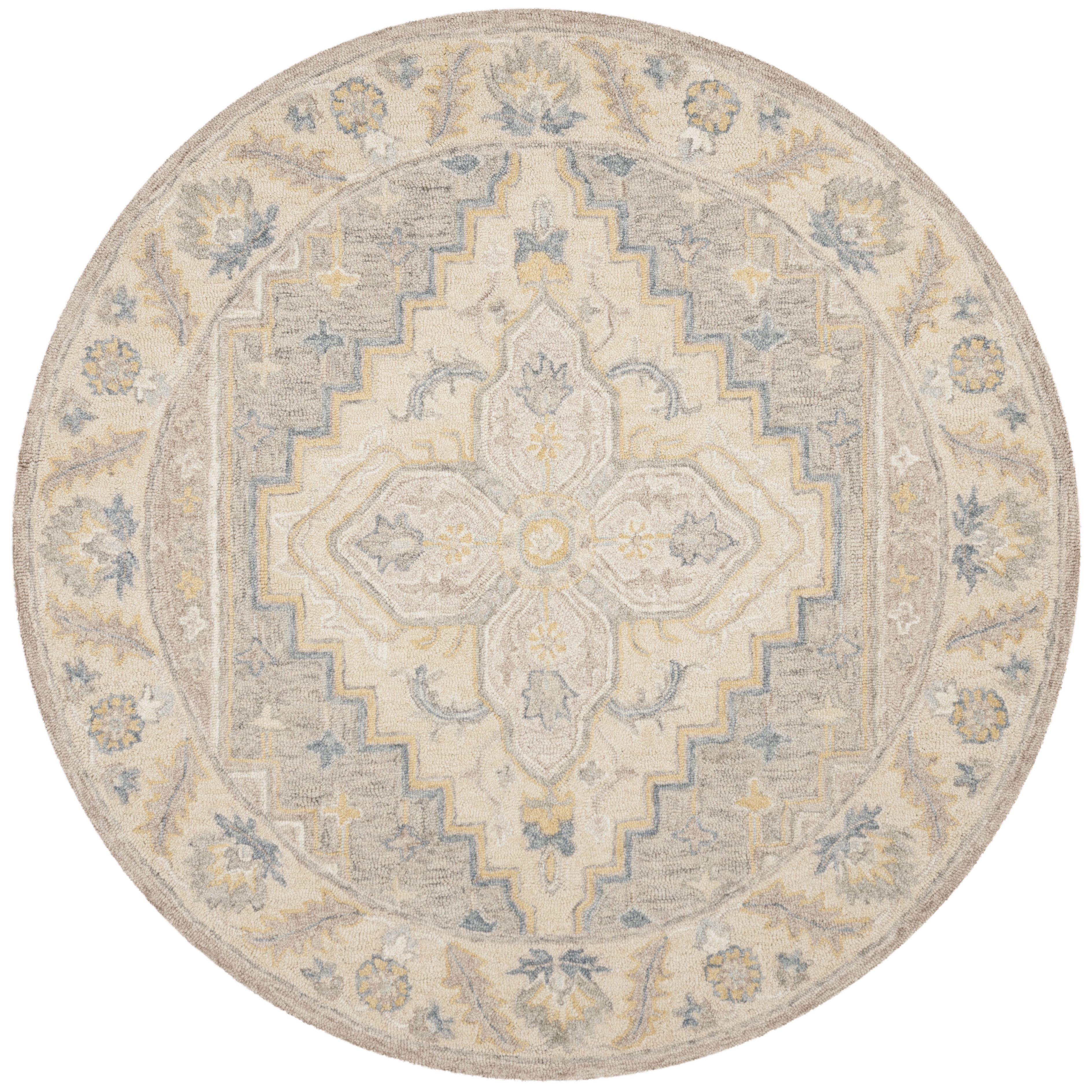 SAFAVIEH Micro-Loop Barnes Floral Bordered Wool Area Rug, Beige/Grey, 5' x 5' Round