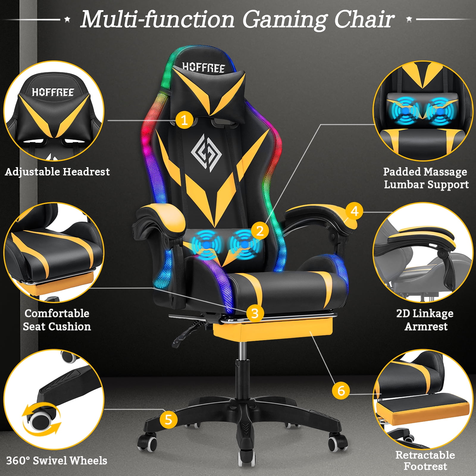 Hoffree Gaming Chair with Speakers PU Leather Office Chair with Footrest and LED Lights Ergonomic Gamer Chair with Massage Lumbar Support and Headrest Adjustable Swivel for Home Office 300lb