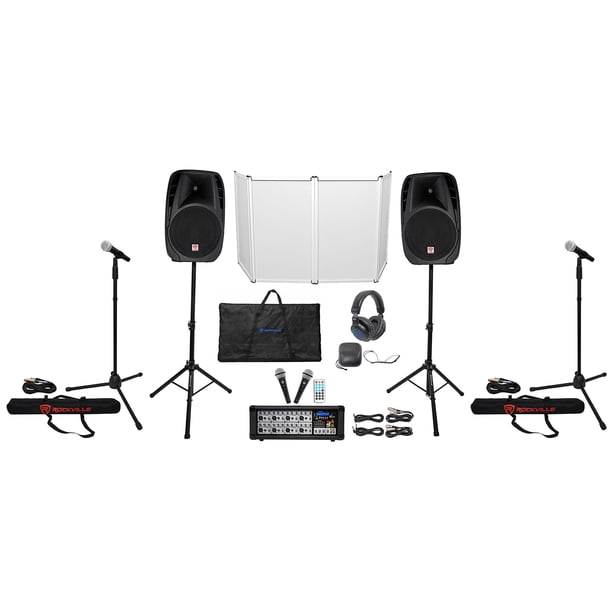 Rockville RPG2X15 Mixer/Amp+15" Bluetooth Speakers+Stands+Mics