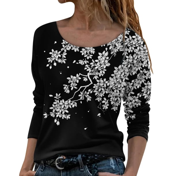 Camisas Para Mujer, Camisetas de Gran Tamaño, Manga Larga, Cuello Redondo, Estampado de Flores, Blusa Odeerbi ODB133648