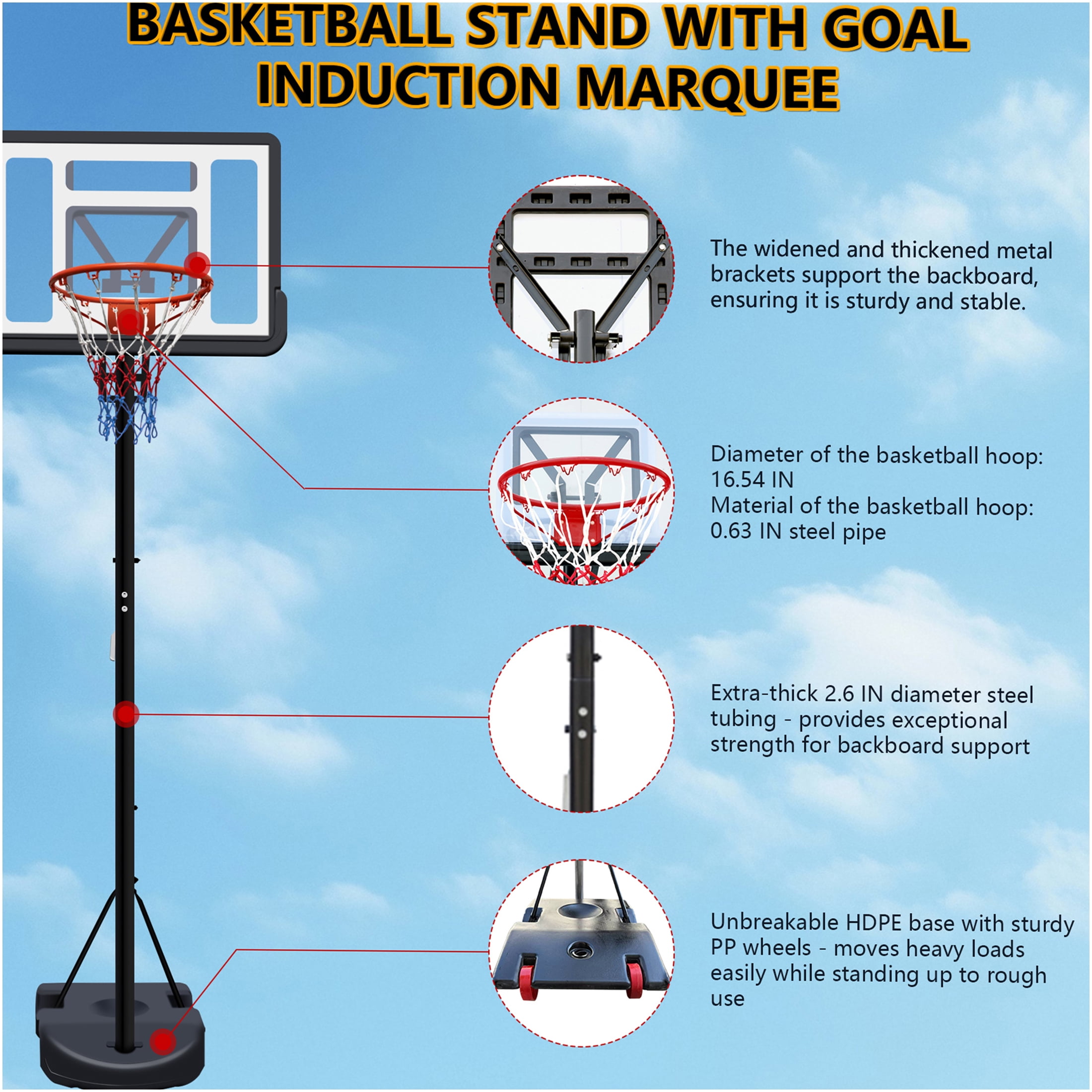 JERFIT Adjustable Height Portable Basketball Hoop for Kids & Adults, 34" Shatterproof Backboard with Wheels, Indoor Outdoor Basketball Goal with Water/Sand Base, Youth Play System