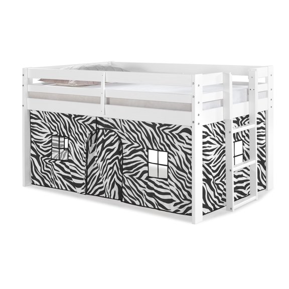 Alaterre Jasper Twin Junior Loft Bed, White Frame and Black/White Zebra Print Bottom Playhouse Tent