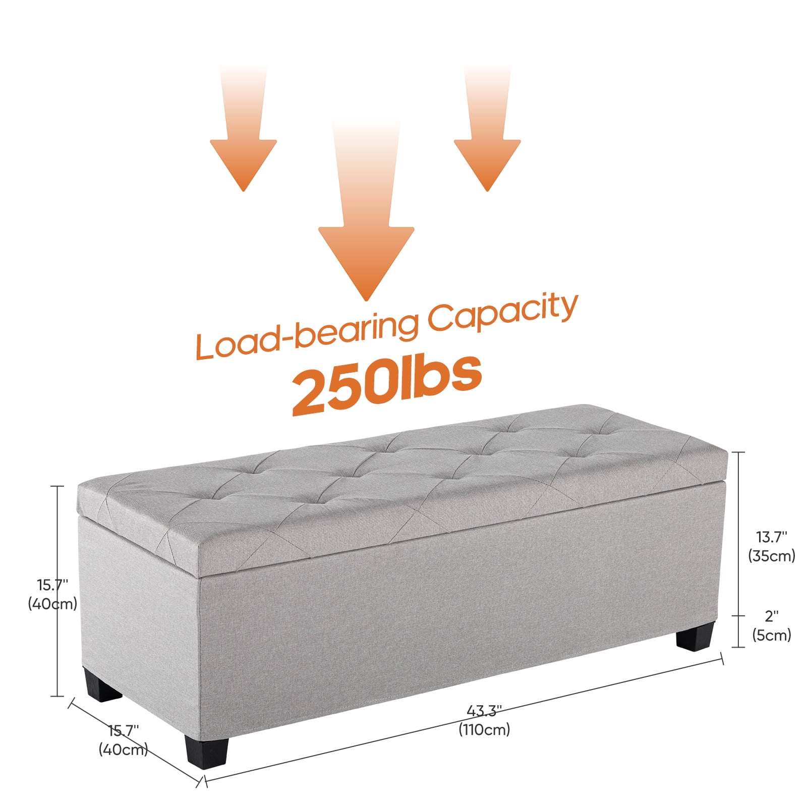 CONCETTA Versatile Storage Ottoman Bench, Tufted Upholstered End of Bed Chest, Foot Rest with Legs, Ample Capacity for Living Room, Entryway, Light Gray