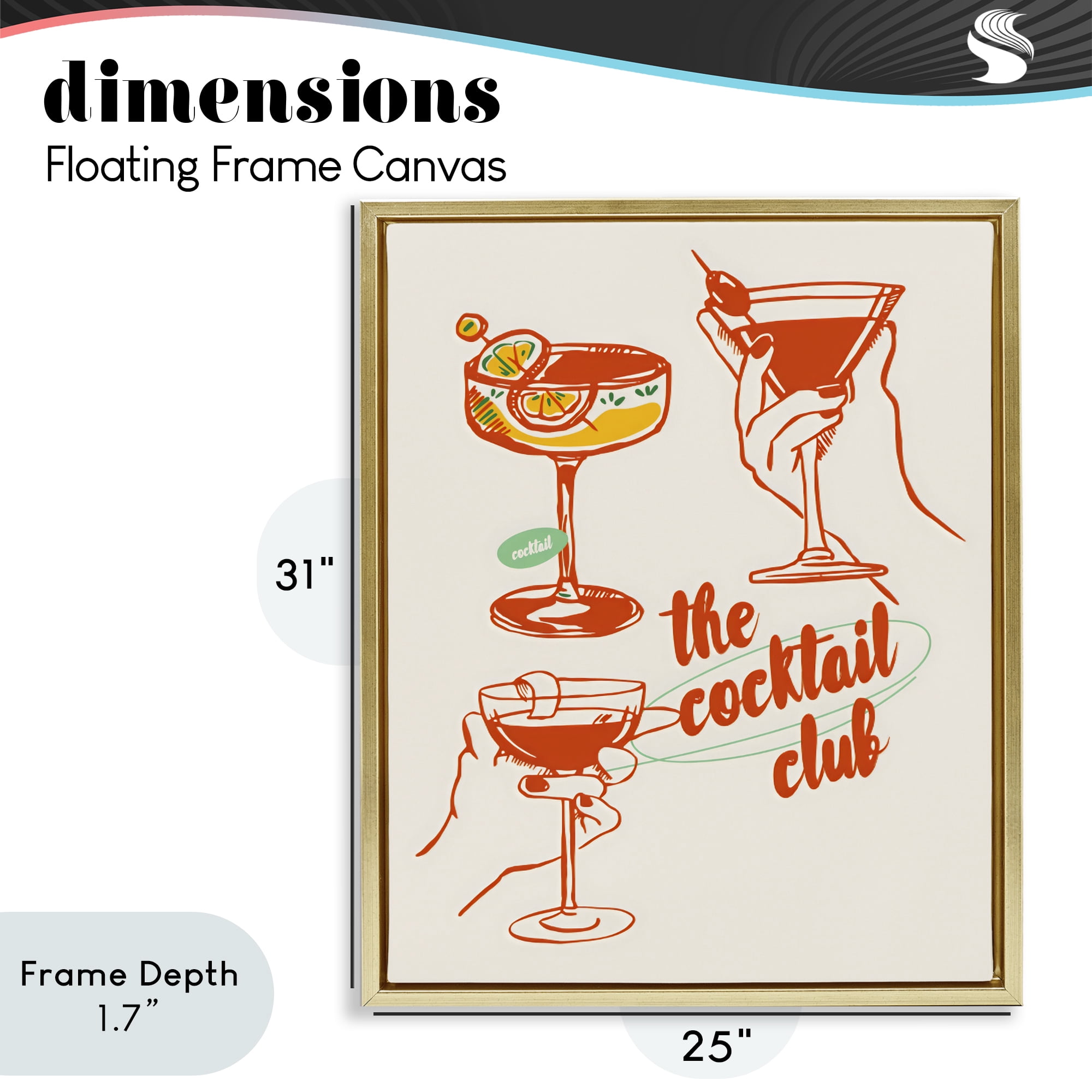 Stupell Industries Cocktail Club Toasting Glasses Gold Framed Floater Canvas Wall Art, design by The Prints Vibe