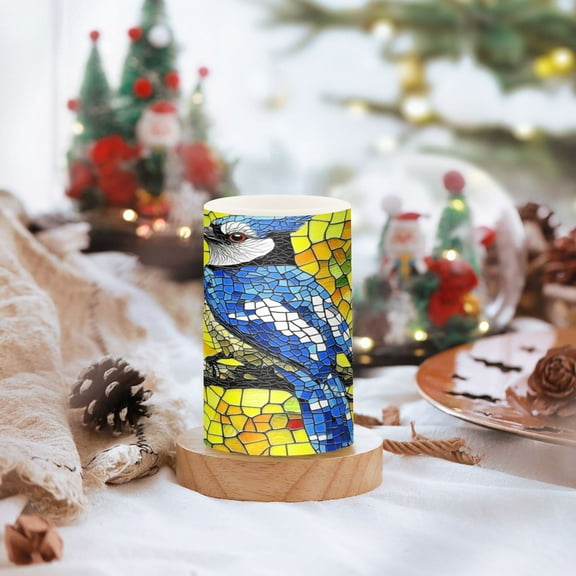 Stained Glass Blue Jay Set of 2 Flameless LED Candles Remote and Timer Indoor Outdoor