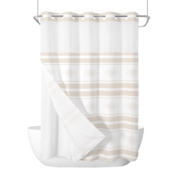No Hook Shower Curtain, Beige Striped Extra Long Bathtub Curtains with Snap in Liner, Modern Geometric Aesthetics Waterproof Washable Fabric Shower Curtain Set, 72" x 96"