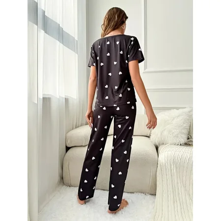

Comfy Heart Pattern Pajama Set For Valentine‘s Day Short Sleeve Round Neck Top & Pajama Pants Women‘s Sleepwear & Loungewear