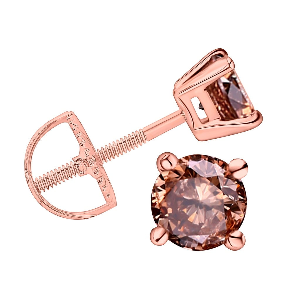 0.25Ctw Natural Brown Diamond Screw Back Prong Set Stud Earrings in Rose Gold Plated Silver