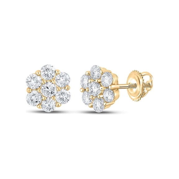 Macey Worldwide Jewelry 14k Yellow Gold Mens Diamond Flower Earrings 1-7/8 Ctw