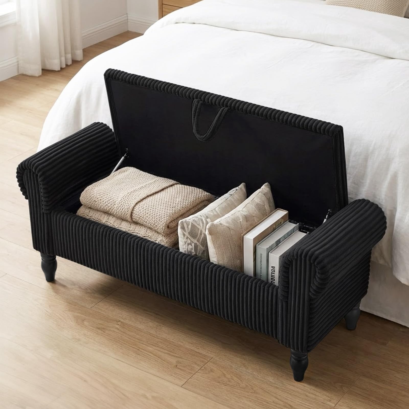 51.5" Storage Ottoman Bench, Upholstered Corduroy End of Bed Bench with Hidden Storage for Bedroom, Entryway & Living Room, Black