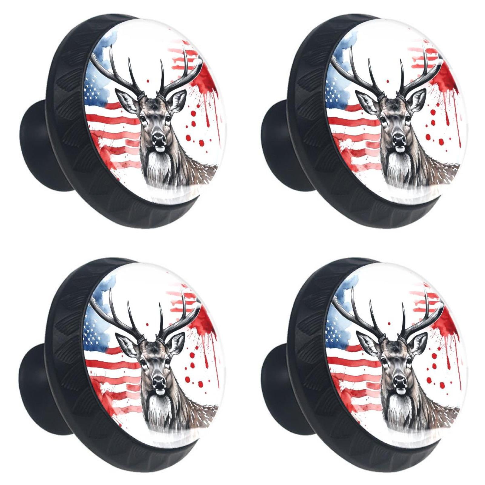 4 Pcs Deer and American Flag Knobs for Kitchen Cabinet Cupboard Dresser Bookcase Drawer Pulls Handles Round Home Decor