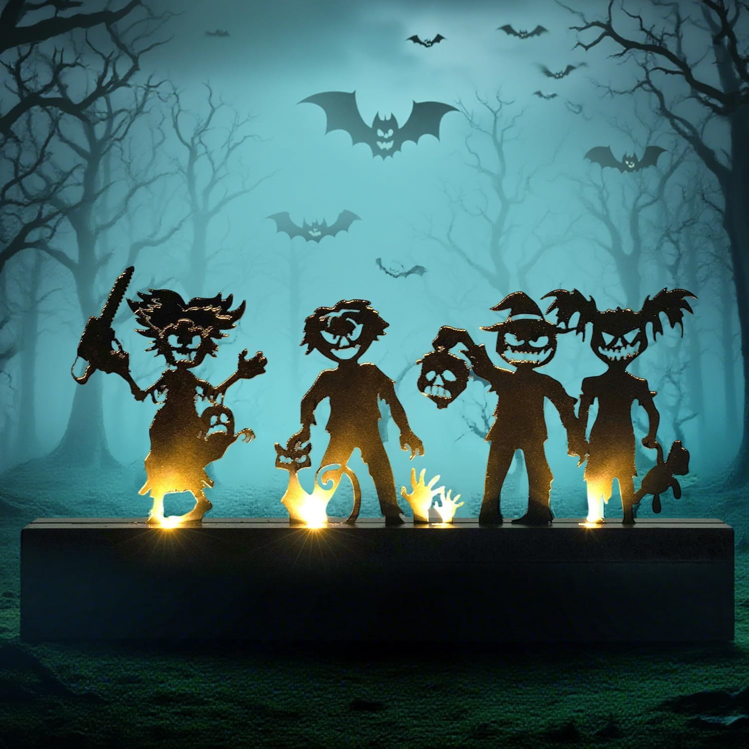 Battery Operated LED Table Decor with 4 Haunting Figures for Halloween