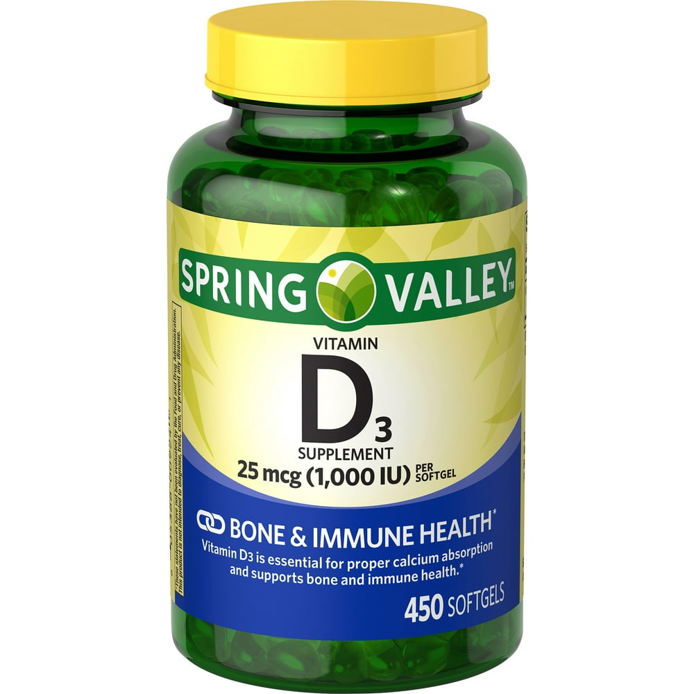 Spring Valley Vitamin D3 Softgels, 25mcg, 1,000 IU, 450 Count - Walmart ...