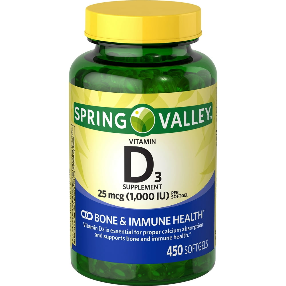 Spring Valley Vitamin D3 Softgels, 25mcg, 1,000 IU, 450 Count Walmart