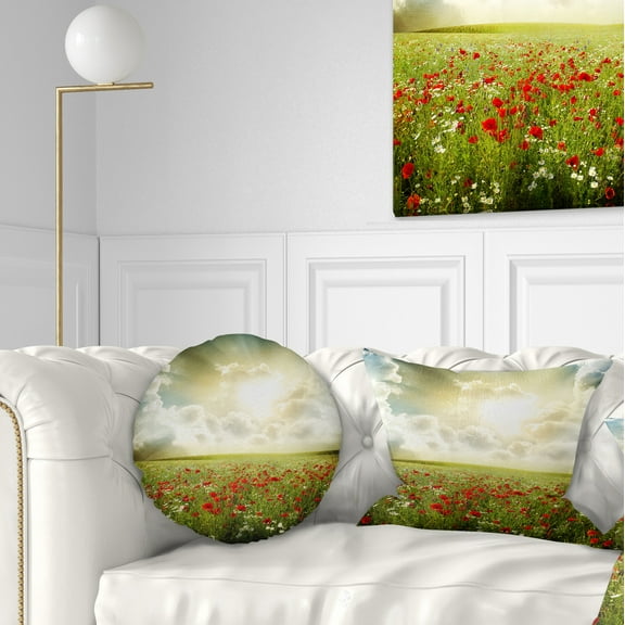 Designart Dramatic Sky over Poppy Field - Landscape Printed Throw Pillow - 12x20