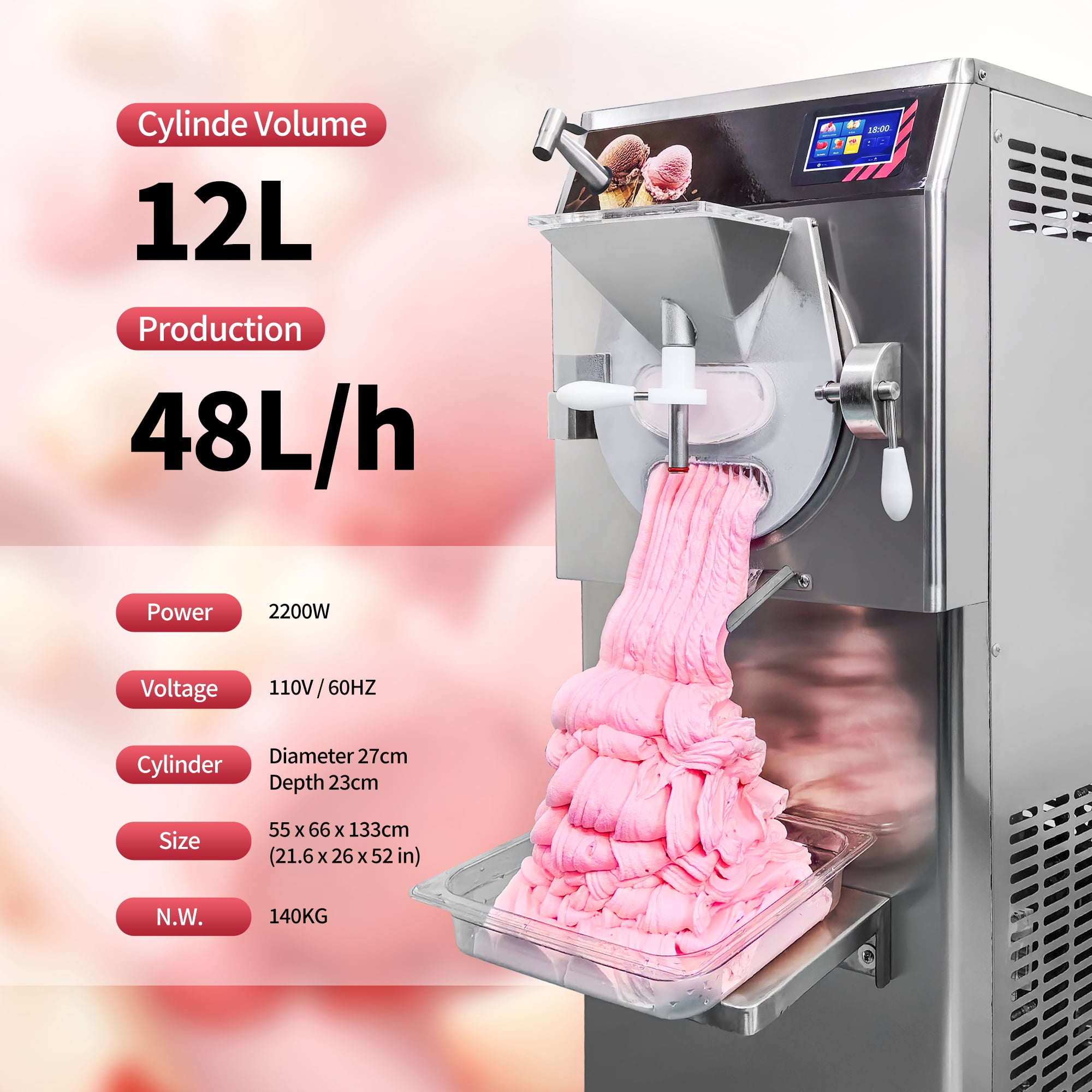 Mvckyi Hard Ice Cream Machine Commercial, Batch Freezer 13 Gallon/H, Gelato Ice Cream Maker, Italian Water Ice Machine, 5 Inch Touch Control Panel, with Water Spray, for Restaurant Bar