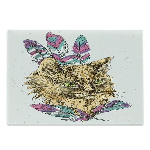 Cat Cutting Board, Hand Drawn Boho Style Cat Image Ink Sketch Animal with Colorful Feathers Illustration, Decorative Tempered Glass Cutting and Serving Board, Large Size, Multicolor, by Ambesonne