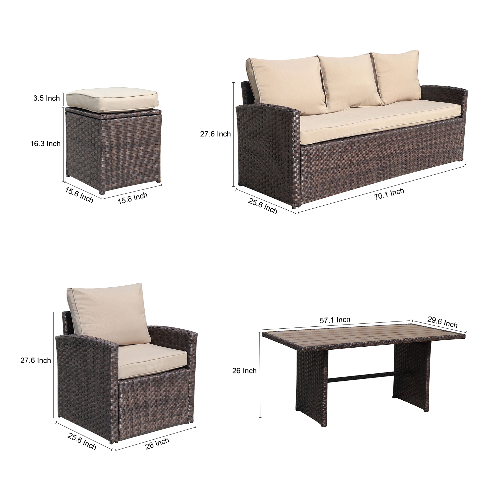 6 Piece Wicker Sectional Sofa Set, Outdoor Patio Furniture, All-Weather Rattan Garden Conversation Furniture Set, Cushioned Dining Table Set with Ottomans & Table for Patio Deck Backyard, B841 - image 3 of 9