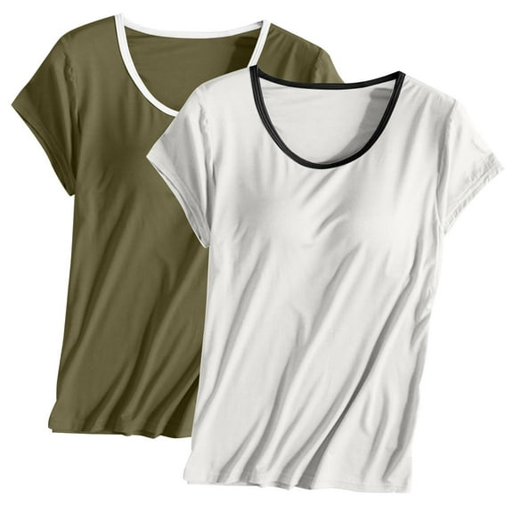 Nmnitkp 2PC Basic Tops for Woman Short Sleeve Pajamas Solid Color Round Tie Breast Pad Breathable and Comfortable Sleepwear With Built In Bra Home Wear Short Sleeve Plus Size Sleepwear