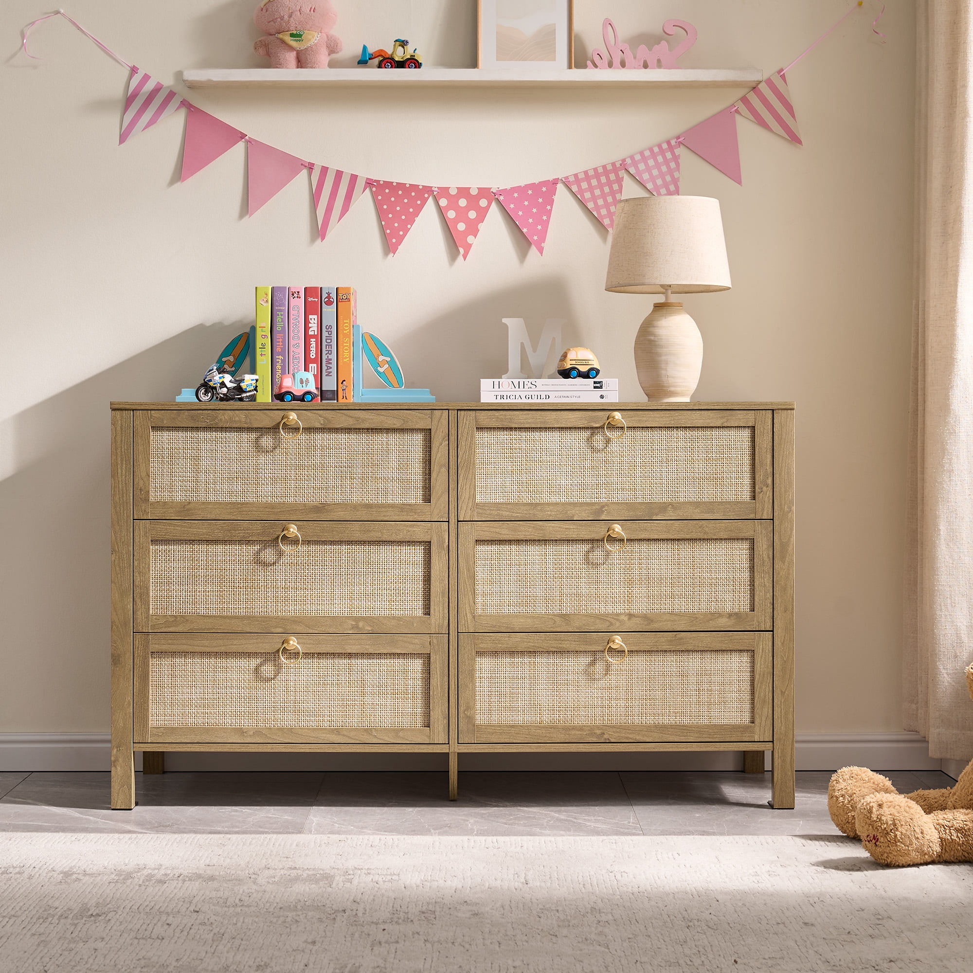 SICOTAS 51.14" Wide 6-Drawer Rattan Dresser Set of 2, Long Boho Chest of Drawers with Gold Handle for Bedroom, Coastal Bedroom Furniture in Cherry Oak