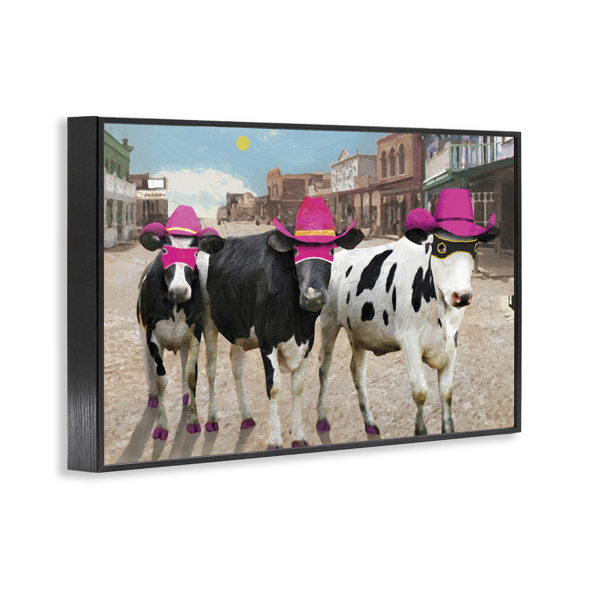 Stupell Industries Superhero Cows in Town Scenery Painting Black Framed Art Print Wall Art, 24 x 16