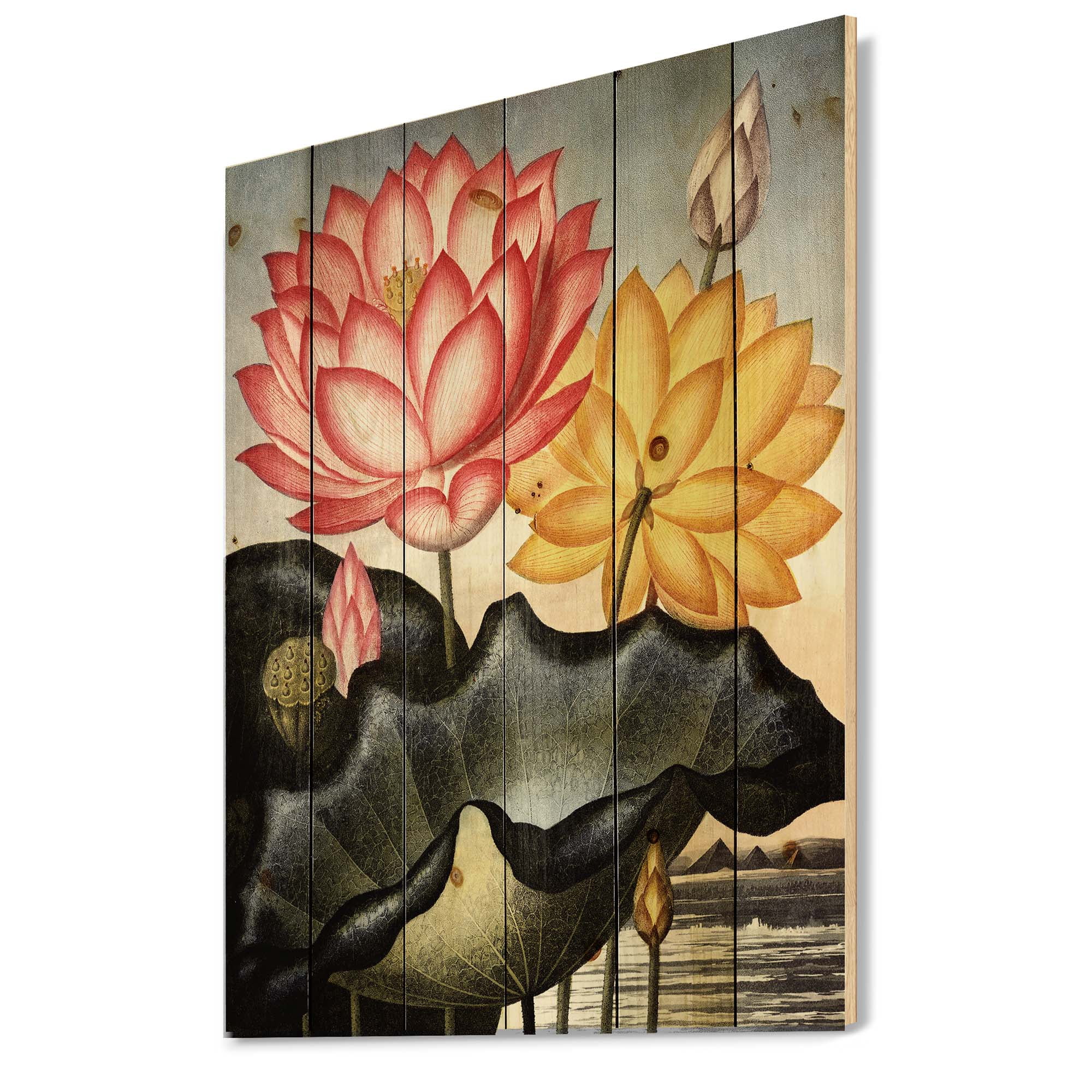Designart 'Ancient Flowers II' Traditional Print on Natural Pine Wood