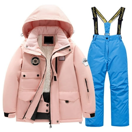 XFHLMJFF Kids Ski Suit Snowsuit With Hooded Children Waterproof Windproof Fleece Ski Overall Winter Snowboarding Warm Snow Suits Long Sleeve Jacket and Pants 2Pcs Size 12-14 Years