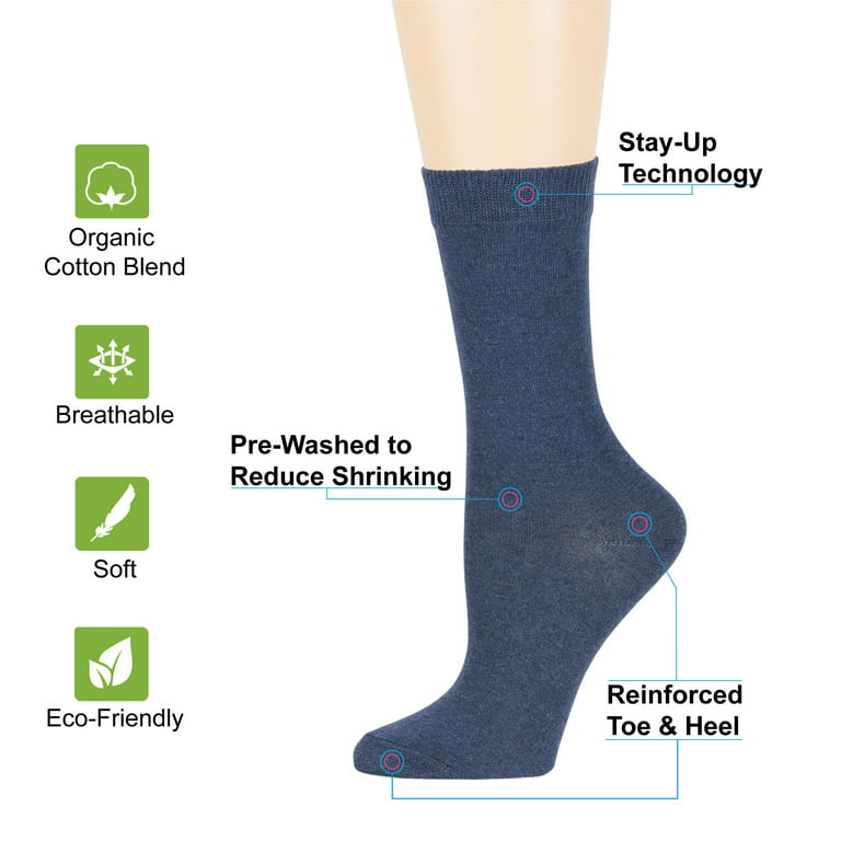 Womens Cotton Casual Crew Socks, Light Navy, Large 10-12, 4 Pack